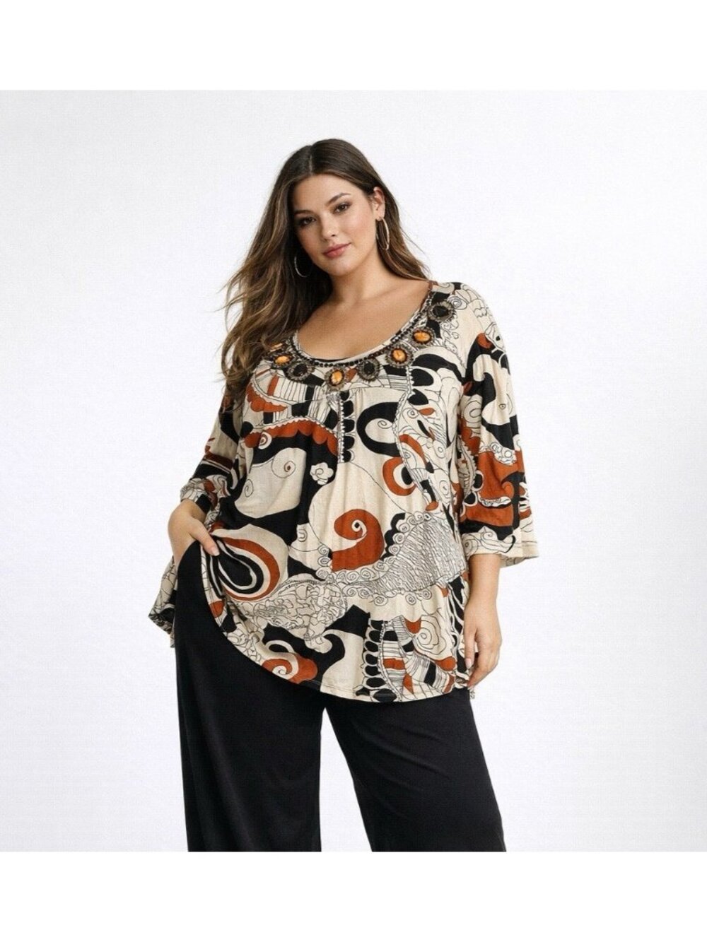 ULLA POPKEN shirt top blouse tunic a line fit beaded plus 32 34 geometric knit